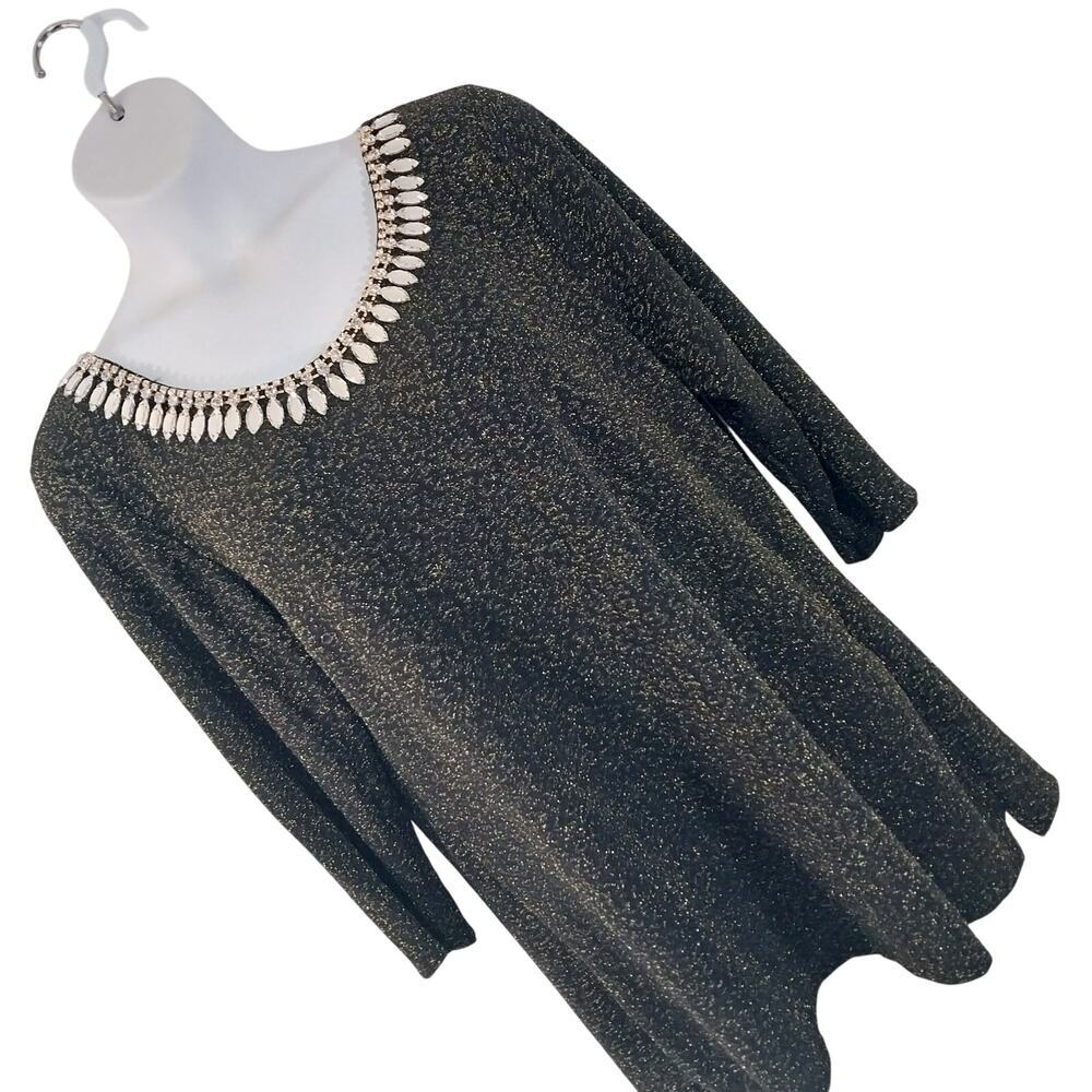 NWOT! LA VANYA! FAB BLACK AND SILVER METALLIC STRETCH KNIT, JEWELED TUNIC! SZ 2X